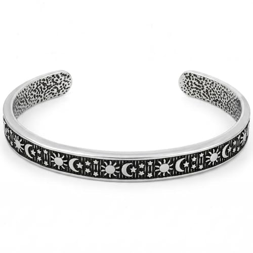 Stainless Steel Cuff Bracelet,Retro Gothic Punk Biker Cool Open Adjustable Cuff Bangle Bracelets Jewelry for Men Silver - style: Sun Moon Star