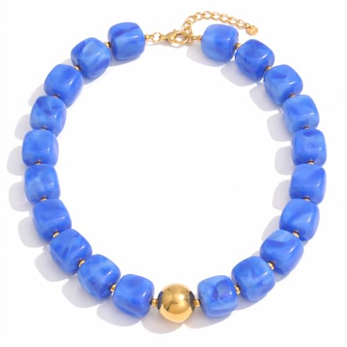Mchic Colorful Beaded Choker Necklace for Women: Boho Large Square Acrylic Beaded Necklace Stainless Steel Adjustable Surfer Beach Strand Necklaces Summer Handmade Jewelry Gift for Women - color: Blue