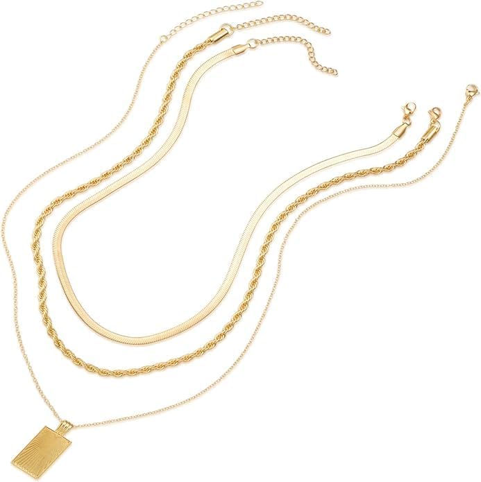 Evabelle Gold Layered Necklace for Women Trendy Jewelry 14K Real Gold Plated Chunky Chain Stackable Necklaces Dainty Choker Necklaces Rectangle Square Pendant