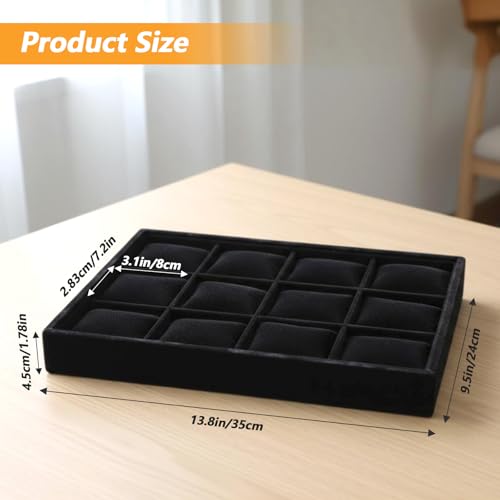 2 Pack 12 Grid Velvet Watch Tray Organizer with Removable Pillows - Stackable Bracelet & Bangle Display Holder for Drawer, Store, or Travel - Black