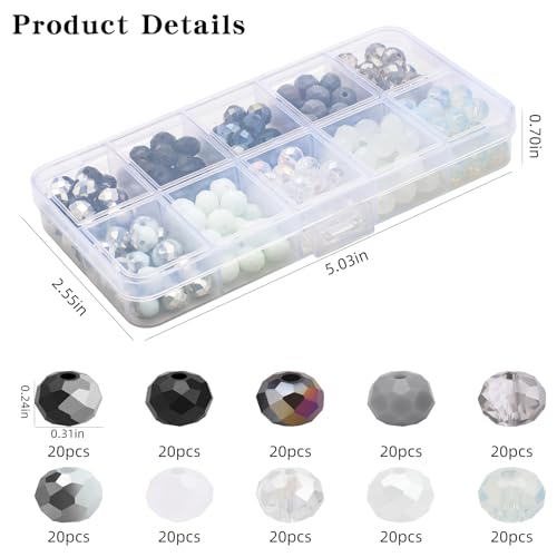 200pcs 8MM Faceted Rondelle Glass Beads for Jewelry Making, Briolette Crystal Glass Beads Plated Round Loose Spacer Beads for DIY Supplies Bracelets Necklaces Earrings (Black White) - color: Black White