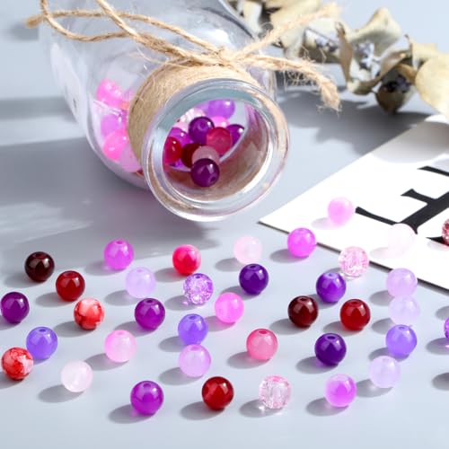 DUQGUHO 8mm Pink Purple and Red Beads for Bracelets Glass Beads for Jewelry Making 24 Colors Round Beads Bulk 520PCS - color: 13-Pink Purple Red