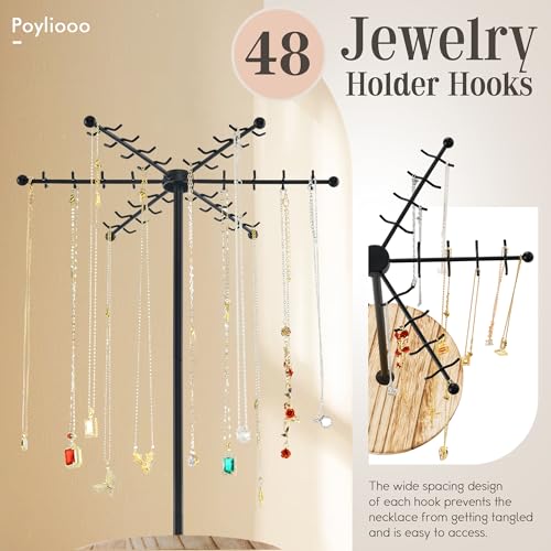 Poyilooo Necklace Holder Jewelry Stand, Rotating Necklace Holder Organizer with 48 Hooks for Necklace Earring Keychains Bracelet Display Stand, Metal Necklace Tree Stand -Gifts for Women (Black) - color: Black