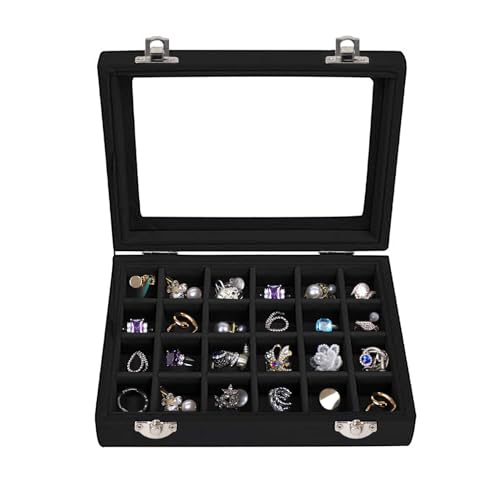 Velvet Jewelry Box 24 Grid Jewelry Earrings Display Organiser Box Ring Tray Holder Earrings Storage Case for Girls Women Wife Mom (Black) - color: Black