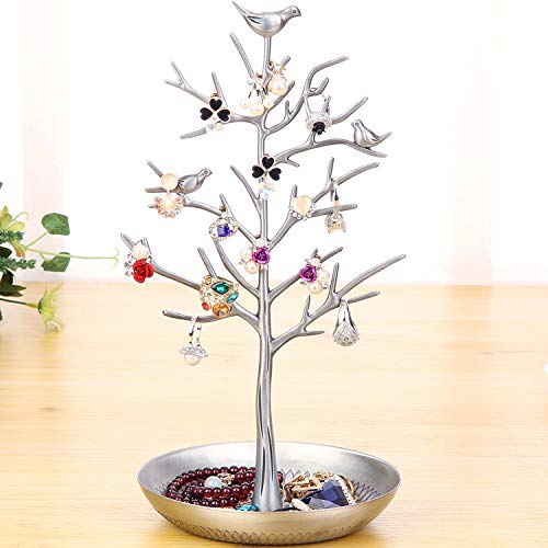 Jewelry Tree Necklace Earring Holder Modern Cute Bird Jewelry Stand for Women Girls Teen Silver - color: Silver