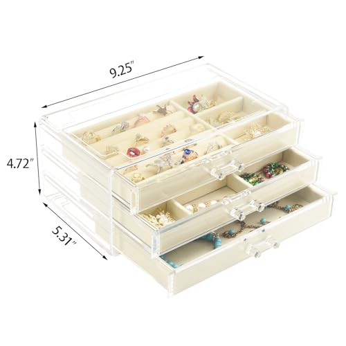 Weiai Acrylic Jewelry Box 3 Drawers, Velvet Jewellery Organizer, Earring Rings Necklaces Bracelets Display Case Gift for Women, Girls, Beige - color: Beige