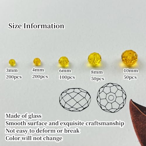 600pcs Crystal Glass Beads 3mm 4mm 6mm 8mm 10mm Rondelle Faceted Crystal Beads Spacer Beads for Necklace Bracelet Earrings DIY Jewelry Crafts Making Supplies(Gold Yellow) - color: Gold Yellow