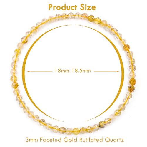 BONNY BOXX Natural Genuine Gemstone Faceted Round Beads Bracelets, 3mm Adjustable Stretchy Tiny Faceted Black Tourmaline Bracelet, Healing Crystal Reiki Chakra Dainty Jewelry Fashion Gifts - color: Gold Rutilated Quartz
