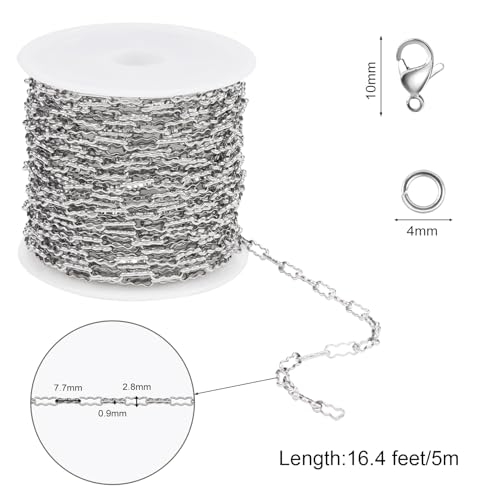 SMYHTGLIF 5 Meters Silver Soldered Peanut Chain for Jewelry Making Stainless Steel Bulk Chain Roll with Lobster Clasps and Jump Rings - color: Silver