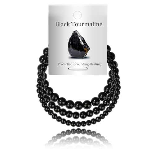 3Pcs Natural Healing Crystal Bracelets for Women Men, 4mm 6mm 8mm Beaded Stretch Bracelet Set, Black Tourmaline Natural Stone Gemstone Jewelry Gifts for Meditation, Reiki & Yoga - color: black tourmaline