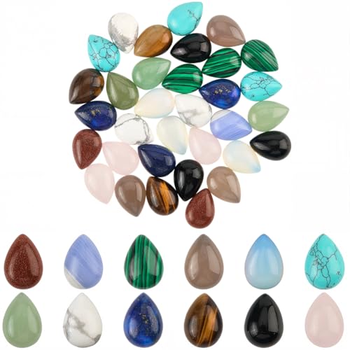 1 Box 36Pcs 12 Styles Teardrop Gemstone Cabochons Flatback Stone Natural Tiger Eye Rose Quartz Aventurine Turquoise Crystal Gems No Hole Bead Cabochon for Jewelry Making DIY Craft Accessories