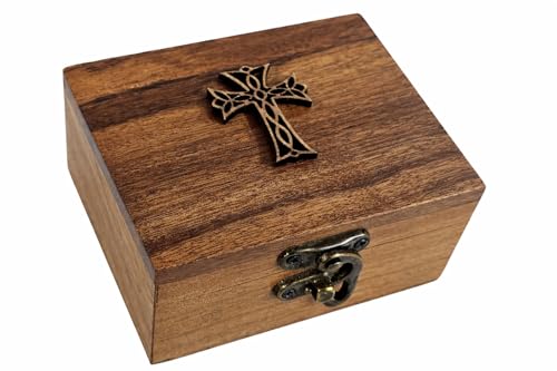 RK Collections Cross Rosary Box Made of Teak Wood | First Communion Jewelry Box | Trinket Box for Rosary Beads, Keepsakes, Small Jewelry and Mememtos - size: 3.75" x 3" x 2"