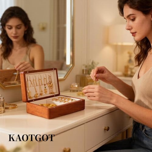 Travel Jewelry Case Small Wood Jewelry Organizer Jewelry Box for Women (Nut-Brown Print B) - color: Nut-Brown Print B