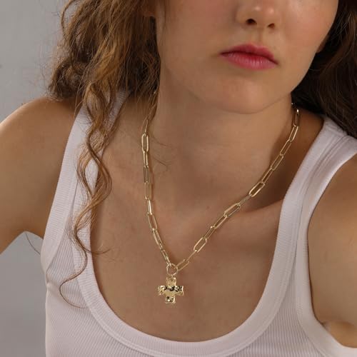 Bheop Chunky Cross Necklace for Women Trendy 14K Gold Silver Layered Statement Cross Pendant Charm Necklace Waterproof Paperclip Herringbone Snake Choker Chain Christian Jewelry Set Gift Non Tarnish - style: GD-2PCS/0.8 inch Cross+Herringbone Necklace
