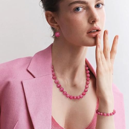 Gemstone Beaded Necklace for Women, Trendy 18K Gold Plated Hematite Natural Stone Bead Choker, Boho Handmade Summer Beach Necklaces for Women Everyday Western Jewelry Gifts - color: Pink Quartz