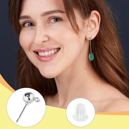 340PCS Ball Earring Studs and Backs for Jewelry Making, 140PCS Round Balls Post Earring Studs with Loop and and 200PCS Clear Backs for DIY Jewelry Making(White K) - color: silver