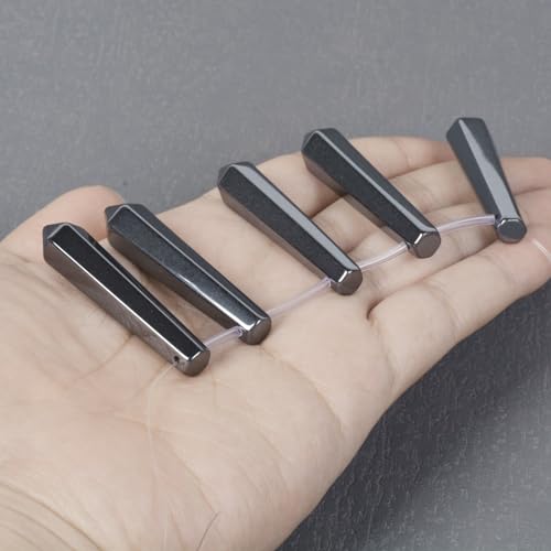 50mm Natural Hematite Hexagonal Wand Jewelry Making Crystal Pointed Chakra Reiki Healing Beads 2mm Hole Drilled(Pack of 5) - color: Hematite