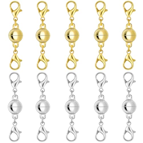 925 Silver Double Lobster Magnetic Necklace Clasps, Magnetic Necklace Clasps and Closures, Double Lobster Clasp Magnetic Jewelry Clasps for Necklaces (10pcs | Gold Silver) - color: 10pcs | gold silver