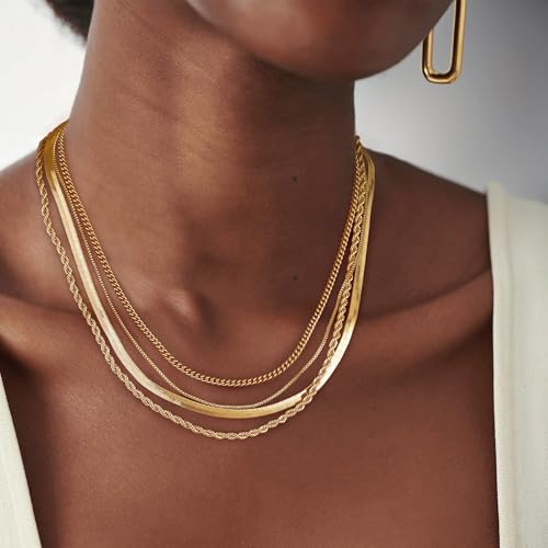 Tewiky Layered Necklaces for Women Non Tarnish- Chunky 14k Gold Plated Herringbone/Snake/Rope/Box/Cuban Link Chain for Women Waterproof Layering Stack Choker Necklace Trendy Dainty Tarnish Free Jewelry Set - color: 4 Layered Necklace Gold