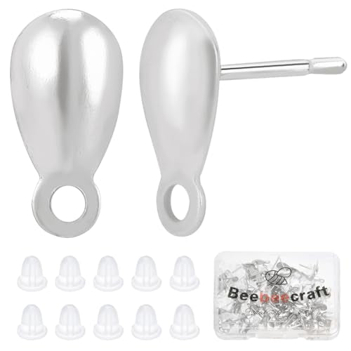 Beebeecraft 100Pcs Stud Earring with Loop 304 Stainless Steel Teardrop Post Earring Findings with Ear Nuts for Dangle Jewelry Making DIY Crafts Supplies Accessories - color: Stainless Steel Color