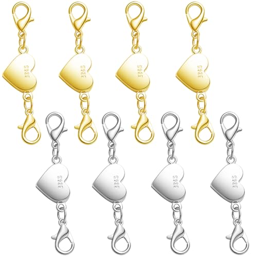 925 Silver Magnetic Necklace Clasps and Closures, Double Lobster Magnetic Necklace Clasps for Bracelet and Necklace Extender (4golden+4silvery) - color: 4golden+4silvery