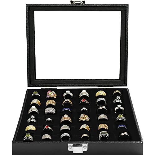 Ring Jewelry Organizer Box, 36 Slots Rings Display Storage Case Earring Showcase - Black Velvet Jewelry Stand Holder Tray with Transparent Glass Lid - Ideal Gift for Women Girl - size: 36 Slot