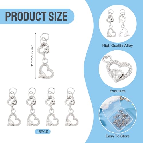 FASHEWELRY 15Pcs Alloy Crystal Rhinestone Heart Charms, Love Heart Glass Dangle Charms Platinum Hollow Pendants for DIY Valentine's Day Necklace Earring Jewelry Making - color: Heart-Clear