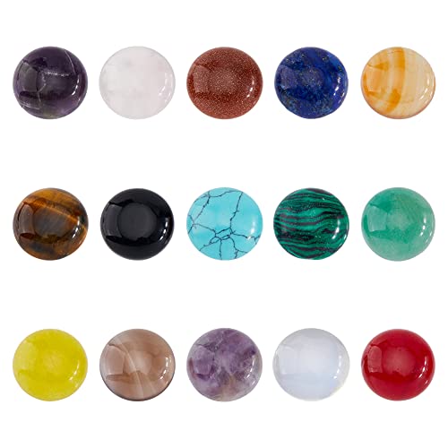 SUPERFINDINGS 30Pcs 15 Styles Natural Cabochon Gemstone 16mm Half Round Dome Flatback Quartz Stone for Necklace Jewelry Making DIY Craft Handmade - size: 16mm