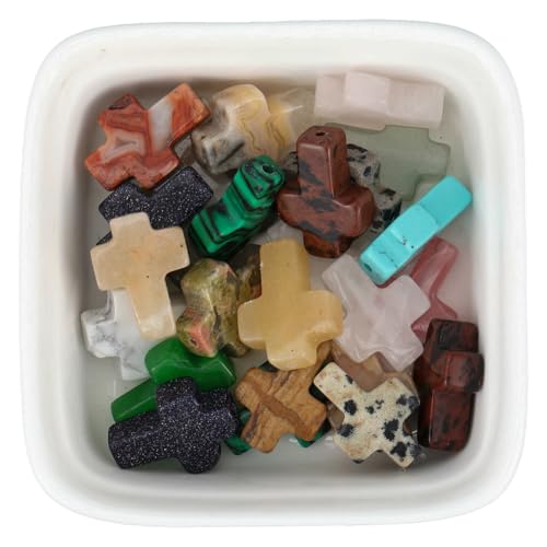 1 Box 25PCS Easter Cross Gemstone Beads with Holes Natural Mixed Color Stone Crystal Energy Spacer Loose Charms Bead Bulk for Jewelry Making Necklaces Party Holiday Adult Diy Craft Supplies