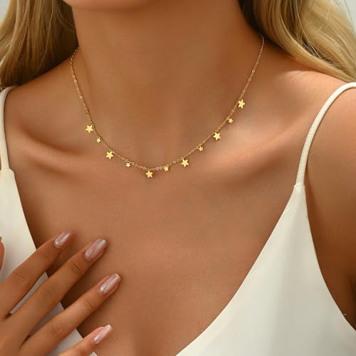 Gold Chain Necklace for Women 18K Gold Plated Dainty Star Cross Heart Cuabn Choker Chains Stainless Steel Trendy Jewelry Christmas Gifts - color: Star Chain-Gold