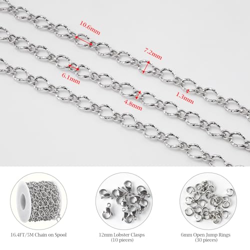 KYUNHOO 16.4 Feet Stainless Steel Jewelry Making Supplies for Men Women DIY Necklace Bracelet Crafts Silver Roll of Jewelry Rhombus Bulk Chain Links with Connectors for Handcraft Making - color: Twist Silver