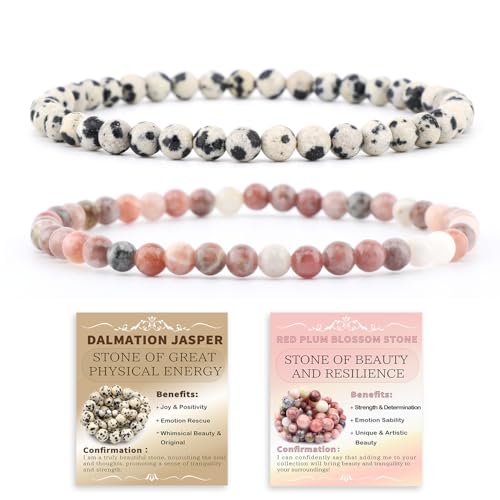 NCB 2.3-Piece 4mm Natural Crystal Gemstone Stretch Bracelets – Handmade Reiki Energy Healing Jewelry for Meditation,Yoga, Unisex - color: 2PCS ( Dalmation Jasper+Red Plum Blossom Stone ), size: 4mm