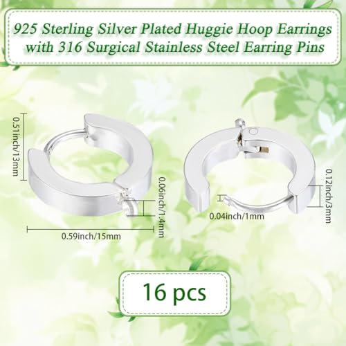 Beebeecraft 1 Box 16Pcs Round Leverback Earring Hooks 925 Sterling Silver Plated Huggie Hoop French Earring Findings with 316 Surgical Stainless Steel Pins for Jewelry Making Supplies(13x15mm) - color: Silver