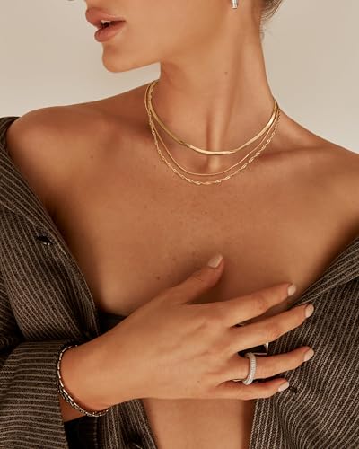 Tewiky Layered Necklaces for Women Non Tarnish- Chunky 14k Gold Plated Herringbone/Snake/Rope/Box/Cuban Link Chain for Women Waterproof Layering Stack Choker Necklace Trendy Dainty Tarnish Free Jewelry Set - color: 3 Necklace Set Gold