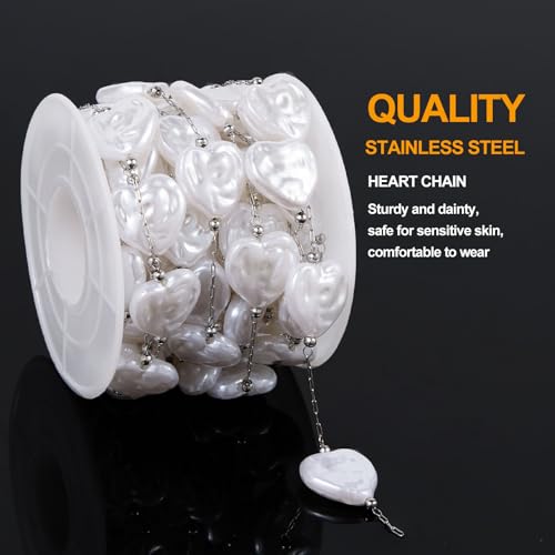 KYUNHOO 9.8 Feet Thin Paperclip Links Silver Stainless Steel Jewelry Chain on Spool Heart Necklace Imitation Pearl Chains for Making Crafts Finding Jewelry Supplies - color: Heart Silver