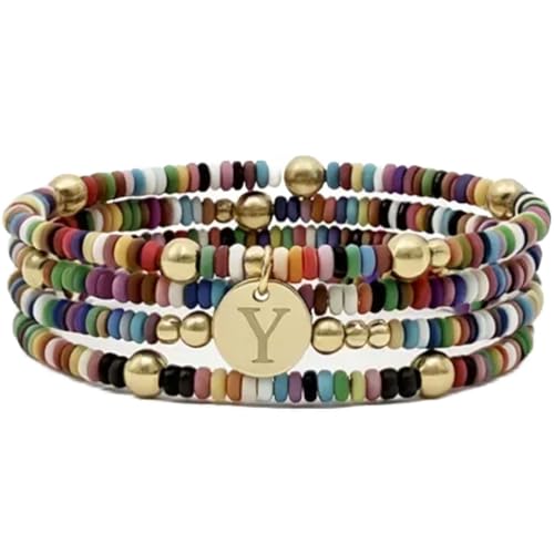 Set of 4 Colorful Bead Initial Bracelets, Personalized Stackable Jewelry, Adjustable Stretchy Charm Bracelets for Women, Beaded Bracelet Set, Trendy Custom Jewelry Gift - style: Colorful Bead - Y