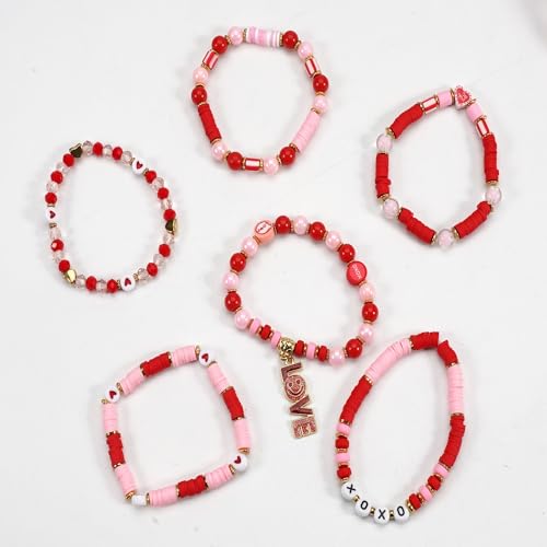 6PCS Valentine’s Day Clay Heishi Bracelet Set for Women- Red Pink Heart Love KISS XOXO Beaded Stretch Bracelets - Handmade Polymer Clay Crystal Glass Stackable Jewelry Gift for Galentine's Anniversary - color: LOVE-08