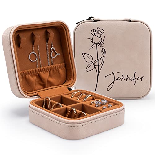 Custom Leather Customized Jewelry Organizer Box w/Name & Birth Flower Month - Birthday Gifts for Women, Mom Personalized Jewelry Travel Case - Beige - color: Rose