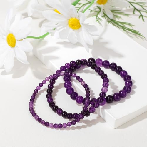 3Pcs Natural Healing Crystal Bracelets for Women Men, 4mm 6mm 8mm Beaded Stretch Bracelet Set, Black Tourmaline Natural Stone Gemstone Jewelry Gifts for Meditation, Reiki & Yoga - color: Amethyst