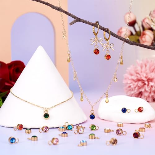 Pandahall 24pcs Crystal Birthstone Charms - Gold Plated Stainless Steel Pendants & Round Birthstone Charms for DIY Necklace Earring Bracelet Jewelry Making Crafts