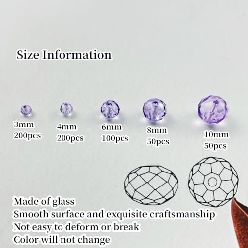 600pcs Crystal Glass Beads 3mm 4mm 6mm 8mm 10mm Rondelle Faceted Crystal Beads Spacer Beads for Necklace Bracelet Earrings DIY Jewelry Crafts Making Supplies(Crystal Purple) - color: Crystal Purple