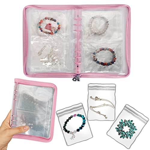 Bracelet Holder Travel Jewelry Organizer Case Transparent Jewelry Storage Book for Earring Necklace Ring with Small Clear Zippered Pouch - color: Pink,48 PCS Large Bags