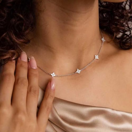 Mothers Day Gifts - Dainty Silver Gold Necklaces for Women Cute Station Choker Simulated Diamond Necklace Simple Layering CZ Necklace Trendy Jewelry Gifts - color: Silver, style: Flower