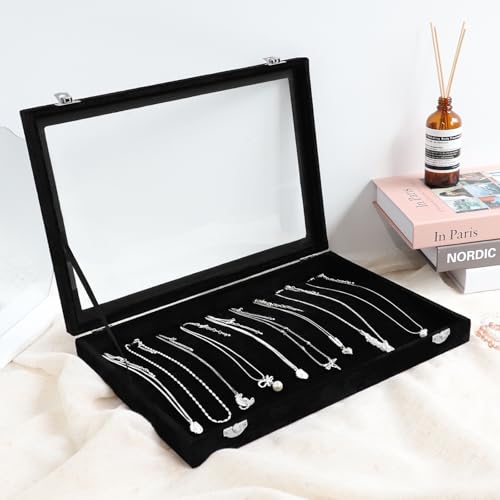 Wudygirl Jewelry Organizer Necklace Organizer Box 20 Hooks Necklaces Holder Display Case Black Velvet Jewelry Organizer with Clear Lid(Black Necklace Tray) - style: Necklace Tray