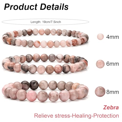 3Pcs Natural Healing Crystal Bracelets for Women Men, 4mm 6mm 8mm Beaded Stretch Bracelet Set, Black Tourmaline Natural Stone Gemstone Jewelry Gifts for Meditation, Reiki & Yoga - color: Pink Zebra Jasper