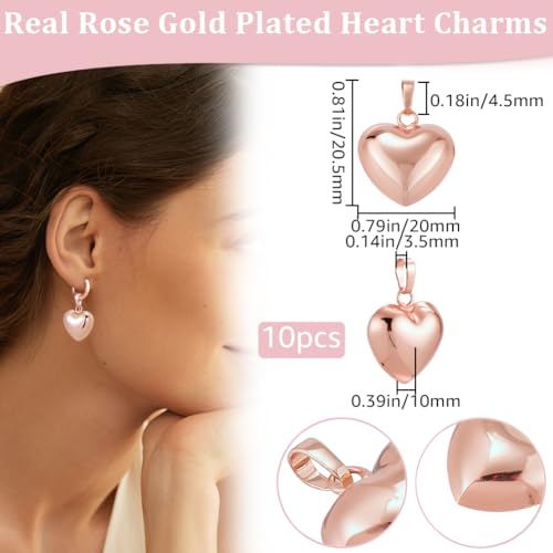 Beebeecraft 10Pcs Rose Gold Plated Heart Pendant Charms Metal Brass Love Heart Puffy 3D Shaped Charm for Jewelry Making DIY Crafts Necklace Valentine (20x20.5x10mm) - color: Rose Gold, size: 20x21x10mm