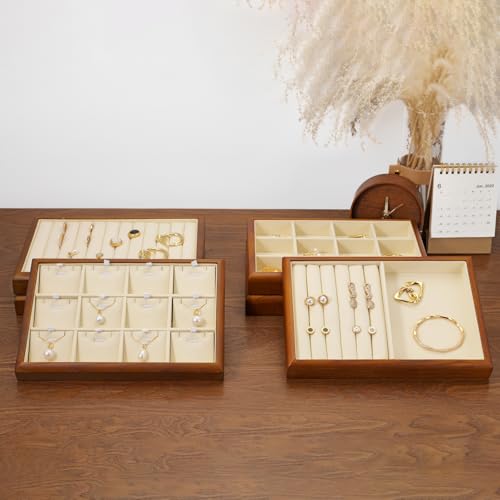 2 In 1 Solid Wood Jewelry Tray Microfiber Ring Earring Bracelet Bangle Watch Necklace Stackable Drawer Organizer for Storage Display (Cream White) - style: 2 Grid