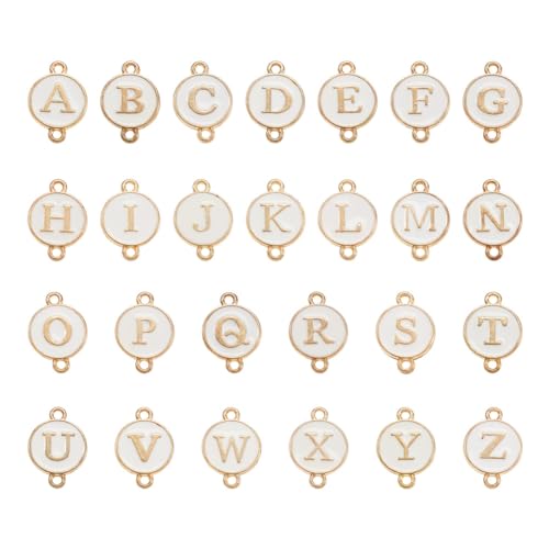 KISSITTY Flat Round with Alphabet Connector Charms Alloy Enamel Letter Links Connectors for DIY Bracelet Earring Jewelry Making - color: White