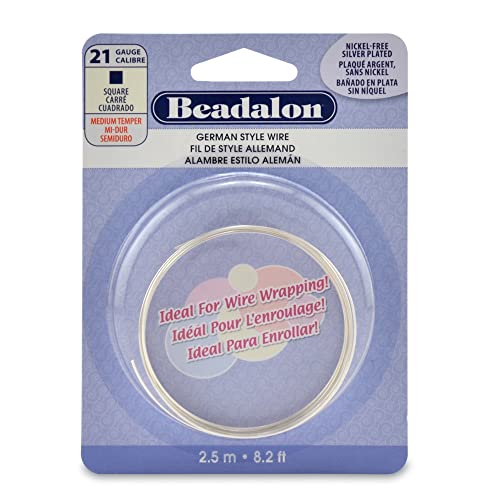 Beadalon German Style Wrapping Wire, Square, Silver Plated, 21 Gauge, 2.5 m / 8.2 ft - color: Silver Plated, size: 21 gauge/.028 In-2.5 m/8.2 ft