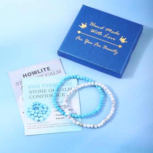NCB 2.3-Piece 4mm Natural Crystal Gemstone Stretch Bracelets – Handmade Reiki Energy Healing Jewelry for Meditation,Yoga, Unisex - color: 2PCS ( Blue Turquoise+Howlite ), size: 4mm